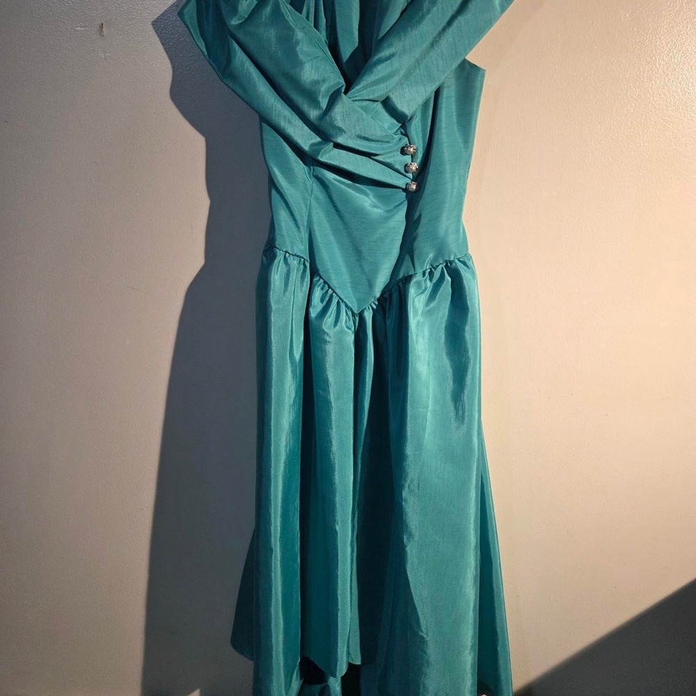 Vintage 80s Teal Blue Green Off the Shoulder Prom Party Dress Size 7